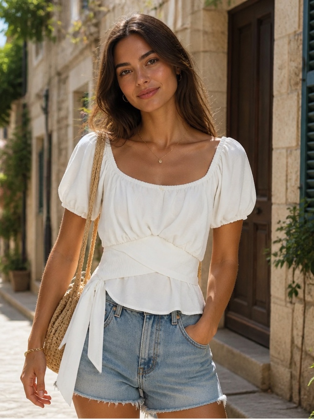 Liberty Love XL White Square Neck Puff Sleeve Wrap Tie Front Blouse Crop Top NWT